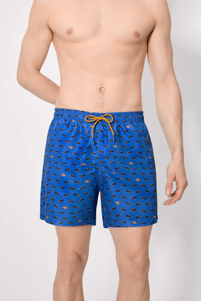 Long swimsuit with blue dachshund print